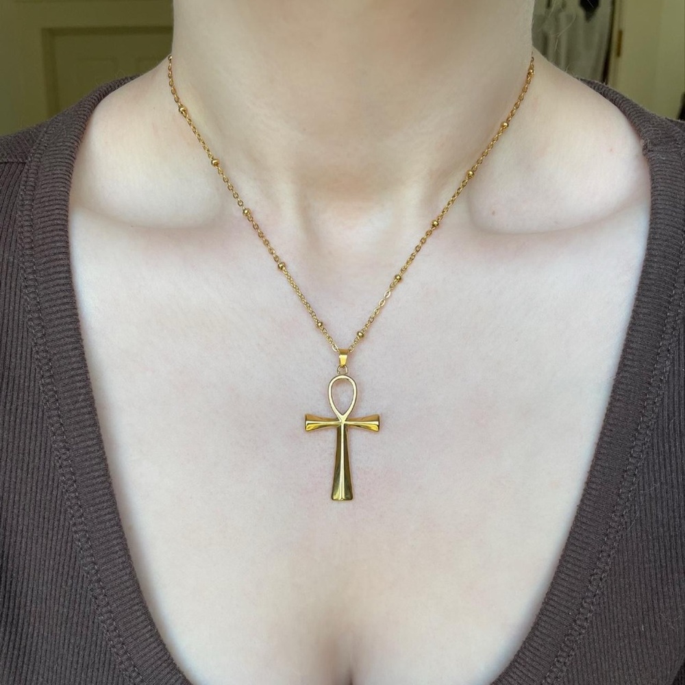 Gold-tone Ankh Cross Pendant Necklace